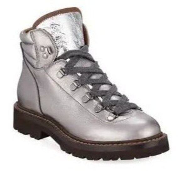 Brunello Cucinelli Shoes - Brunello Cucinelli Metallic Leather Lace-Up Hiking Boots Silver 39